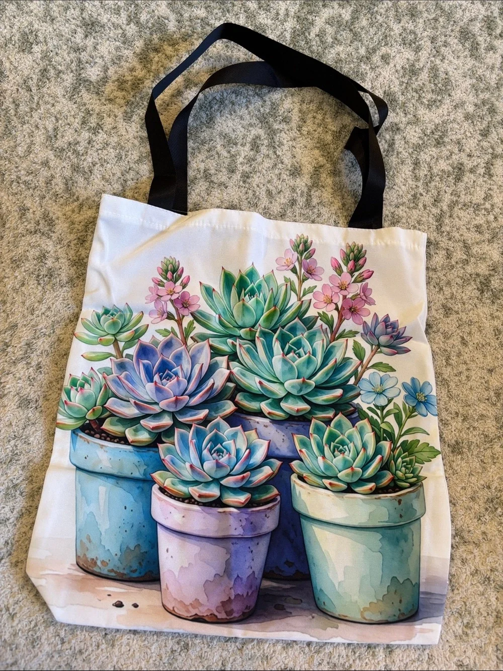 Pastel Potted Succulents Cactus Poly Tote Bag NWT 14x15.25”